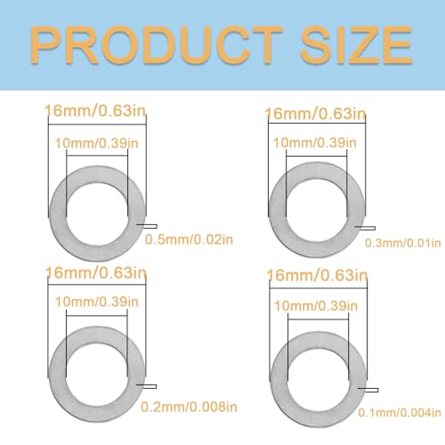 48 Pcs M10x16mm 304 Stainless Steel Shim Washers, Precision Thin Spacers | 0.1, 0.2, 0.3 and 0.5mm, 12 pcs each, flat spacer washers for M10 bolts, electronics assembly and mechanical repair - size: M10X16