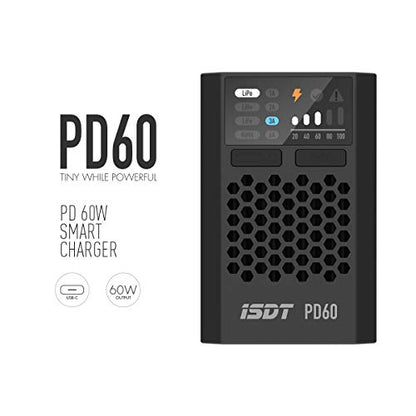 ISDT PD60S XT60 Connector 60W 6A Battery Balance Charger Type-C Input for 1-4S Lipo Battery，Life, Lilon, LiHv/Pb/NiMH Battery - XT60