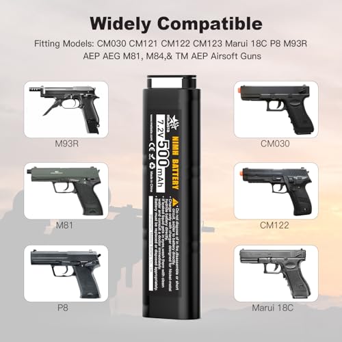melasta 7.2V 500mAh Ni-MH Airsoft Battery, Replacement for CYMA AEP Airsoft | Compatible with CYMA CM030, CM121, CM122, CM123, CM125, CM126, CM127, Marui 18C, P8, AEG M81, M84 and TM AEP airsoft guns
