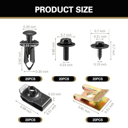 100 PCS Automotive U Clips and Screws Kit, Body Bolts and Clips Assortment Kit, Self Tapping Bumper Fender Screws Fasteners, Suitable for Body Bumper Fender Trim Panels Splash Shield (Black)