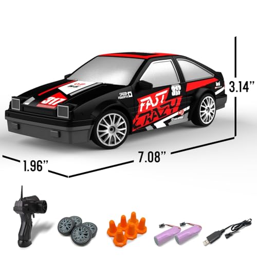 RACENT 1:24 Mini RC Drift Car, 10MPH 4WD Remote Control Car with LED Light, Racing and Drifting Wheels, 2 Rechargeable Batteries, Perfect Toy for Boys, Girls, Kids (Black) - color: Black, size: 1:24 Scale