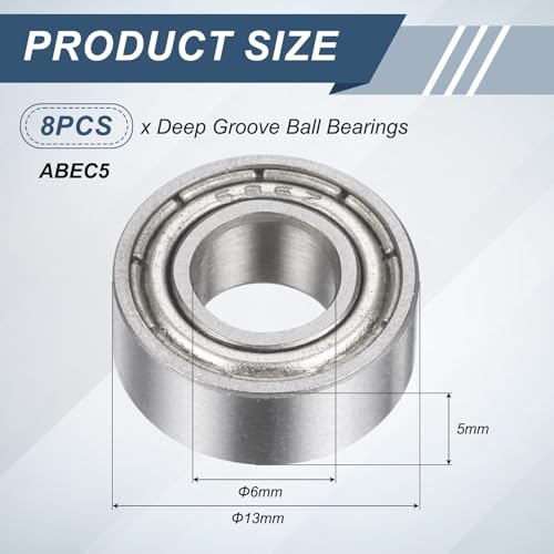 uxcell 8Pcs 686ZZ 6mmx13mmx5mm Deep Groove Ball Bearings, Double Metal Shielded Bearing Steel ABEC5 High Performance for Industrial Machinery Precision Transmission, Silver - size: 686ZZ 6mmx13mmx5mm