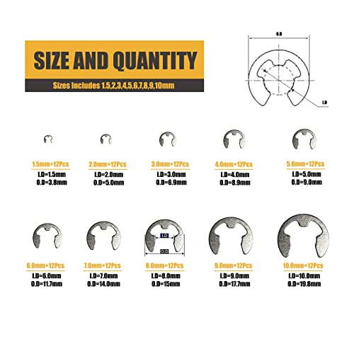 E Clips Assortment Kit 120PC External Retaining Rings Set (M1.5-M10), 10 Sizes Snap Rings Assortment Kit, 304 Stainless Steel Retaining Rings Collection for Shaft Maintenance - size: 120PCS