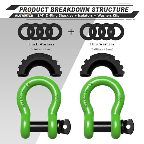 AUTMATCH 3/4" D Ring Shackles (2-Pack) - 41,887 lbs Break Strength | Heavy Duty Clevis Shackle with 7/8" Pin & Isolator Washer Kit for Tow Strap, Winch, Towing & Off-Road Vehicle Recovery, Green - color: Green & Black