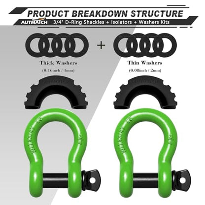AUTMATCH 3/4" D Ring Shackles (2-Pack) - 41,887 lbs Break Strength | Heavy Duty Clevis Shackle with 7/8" Pin & Isolator Washer Kit for Tow Strap, Winch, Towing & Off-Road Vehicle Recovery, Green - color: Green & Black