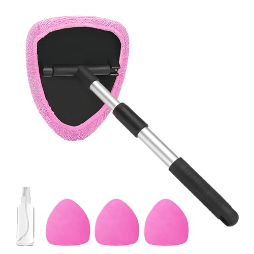 Windshield Cleaning Tool, Car Window Cleaner with Extendable Handle, 4 Microfiber Pads and Spray Bottle, Auto Interior Exterior Glass Wiper Cleaning Kit Universal for RV, SUV, Truck (Pink) - color: Pink