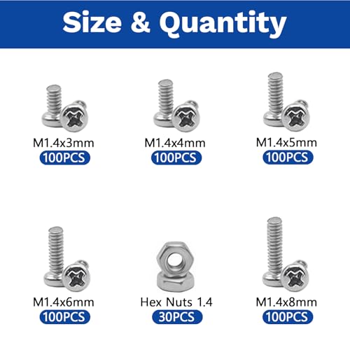 530Pcs M1.4 304 Stainless Steel Metric Micro Screws Nuts Assortment | M1.4x3/4/5/6/8mm Sizes, Phillips Pan Head, Fully Threaded Kit for Arduino, RC Models, Electronics, DIY Projects - size: M1.4x3/4/5/6/8- 530 Pcs