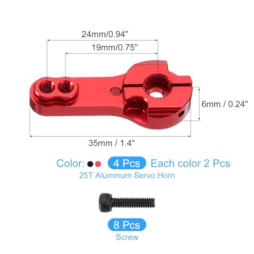 MECCANIXITY 4 Pcs Aluminum Alloy 25T Steering Servo Arm Horn for DIY RC Car/Boat/Airplane Boat Accessories, Red/Black - color: Red/Black