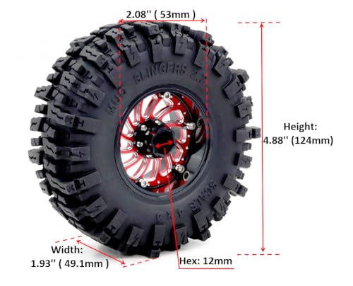 2.2 Beadlock Wheels and Tires 124mm Tall Tyres, Mud Slingers 2.2 Tires and Wheels Adjustable Offset 40mm Wide Rims for 1/10 RC Crawler SCX10 Capra Upgrades,HS701586 - color: Black & Red