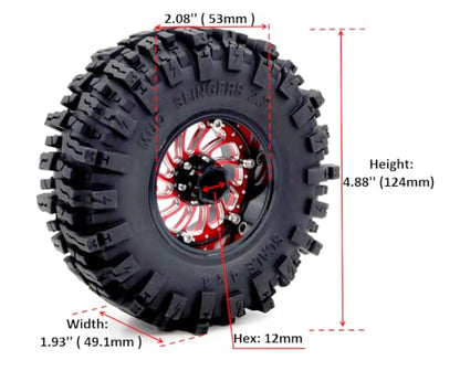 2.2 Beadlock Wheels and Tires 124mm Tall Tyres, Mud Slingers 2.2 Tires and Wheels Adjustable Offset 40mm Wide Rims for 1/10 RC Crawler SCX10 Capra Upgrades,HS701586 - color: Black & Red