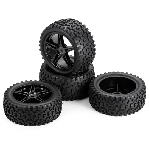 4Pack 12mm Hex Wheel 5 Spoke Rims High Grip Rubber Tires Front Rear Tyres for 1/10 RC Off-Road Buggy Car (Black)