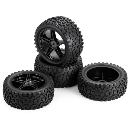 4Pack 12mm Hex Wheel 5 Spoke Rims High Grip Rubber Tires Front Rear Tyres for 1/10 RC Off-Road Buggy Car (Black)