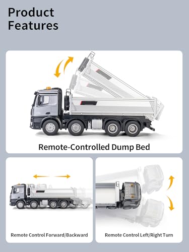 21-Inch Alloy Upgraded Version Remote Control Dump Truck 13-Channels 1/14 Scale 13 LBS Load Capacity RC Heavy Duty Metal Construction Vehicles Toy for 14Y+ (8-Wheels)