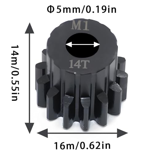 Steel Mod1 5mm Pinion Gear 1PCS, 11-28T M1 Pinion Gear Metal Hardened Steel Fit 5mm RC Motor Shaft with 3.175mm Coupler Compatible with 1/5 1/6 1/8 1/10 1/14 RC Brushless Brush Motor (14T) - size: 14T
