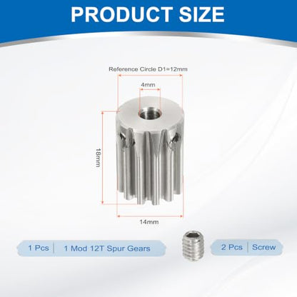 uxcell 1 Mod 12T Spur Gear 4mm Bore, 304 Stainless Steel Pinion Gear, 20°Pressure Angle, for Spur Rack and RC Model Car or Motor DIY - size: 1 Mod 12T, 4mm