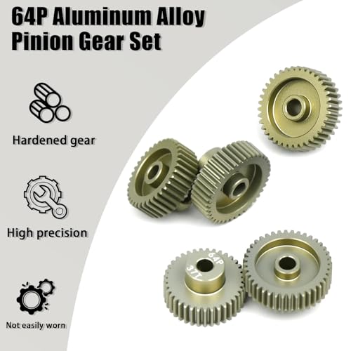 5Pcs 64P Aluminum Alloy Pinion Gear Set 3.175mm 36T 37T 38T 39T 40T Motor Pinion Gear W/ M4 Screw and Hex Key, Fit 3.175mm (1/8-Inch) Shaft, for Arrma HPI Kyosho Losi Axial Traxxas Tamiya 1/10 RC Car - size: 64P-3.175mm-36-40T