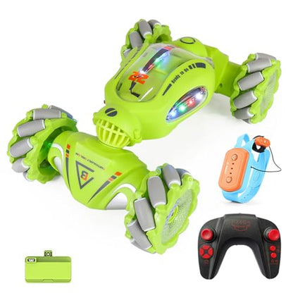 HUIOP Stunt Car 2.4GHz Car Spray Car with Function Lateral Movement,Breathing Light,Deformation,Double-Sided Driving,Wrist Watch-Dual - color: Green, size: 1 battery