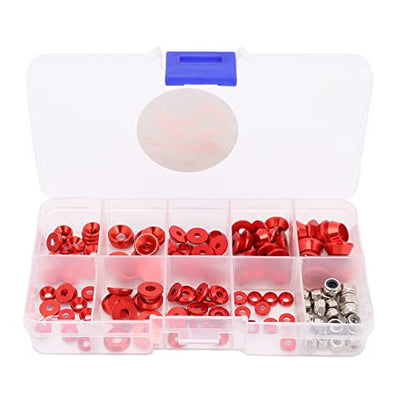 RC Screw Washer Kit Aluminum Alloy CNC Machined Flat Round Cup Head Washers and Nuts for 1/10 1/8 RC Cars, Anodized Lightweight Hardware Set with 125 PCS in Plastic Box (Red) - color: Red