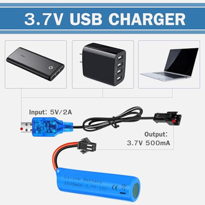 3.7V 1500mAh Li-ion Battery High Capacity 15C High Discharge Rate RC Batteries with USB Charger Cable SM-2P Plug Fit for RC Car Drift Monster Truck Remote Control Car Toy Off-Road Racing