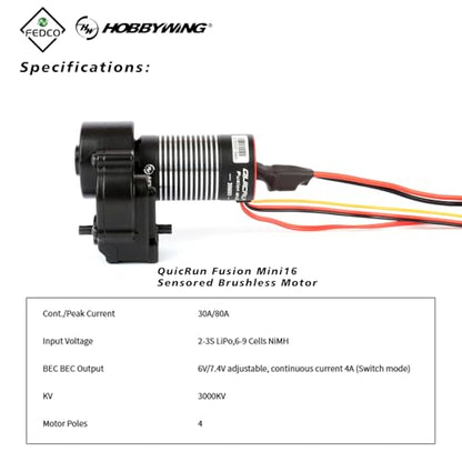 UTB18 Motor Transmission with Hobbywing QUICRUN Fusion Mini16 3000KV Brushless Motor ESC Combo 2in1 FOC System for Axial UTB18 Capra 4WD & 4WS Upgrades 1/18 RC Crawler