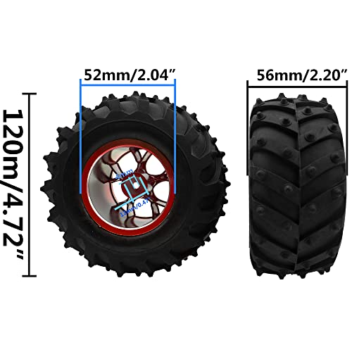 4.72''OD Rubber Tires & Wheel Rim 12mm Hex Hub Compatible with RedCat Volcano Traxxas Rustler HPI HSP Tamiya Exceed Himoto 1/10 Off-Road Monster Truck,120mmx56mm (Red) - color: Red