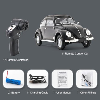 1:16 Beetle 1950 RC Car, 4CH RWD 2.4GHz RC Car with LED Lights | Classic Retro Design with 2 Rechargeable Battery. Rear-wheel Drive for Control. Volkswagen Beetle Toy Car for Hobbyists - size: 2 Battery
