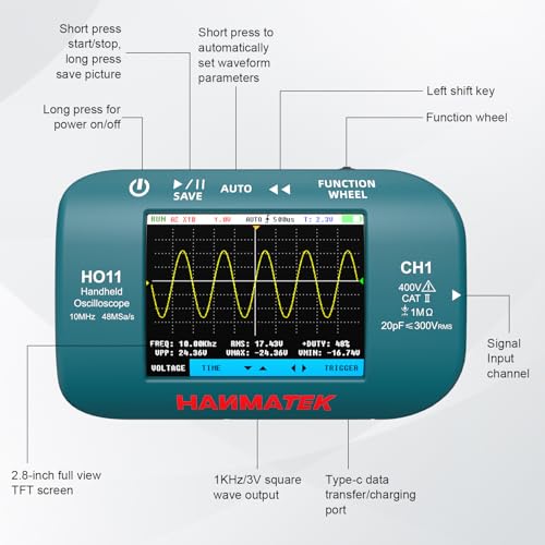 HANMATEK HO11 Handheld Digital Oscilloscope - 10MHz Bandwidth, 48MSa/s High-Precision Sampling, 2.8" TFT Display, USB Rechargeable, Advanced Trigger System, Portable for Fieldwork - style: Professional 10 Mhz