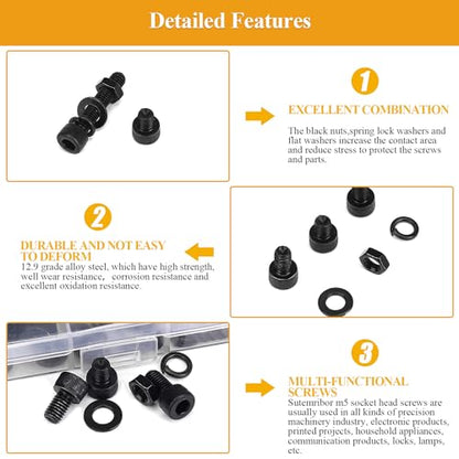 205 Pieces M5 Screws Nuts Washers Set Black, Sutemribor M5 x 8/10/12/16/20/25/30mm Hex Socket Head Cap Screws Nuts Washers Assortment Kit, 12.9 Grade Alloy Steel, Fully Threaded - size: M5 x 8-30mm, style: Socket Head