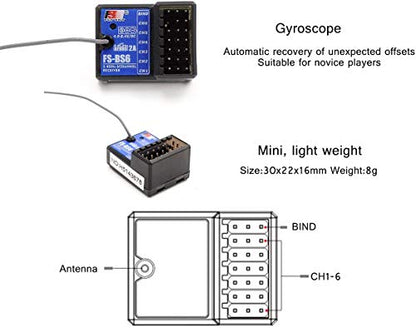 HOBBYMATE Flysky FS-BS6 Receiver for FS-GT5 Rc Car Radio Transmitter/Remote Controller, 6 Channels with Gyro Stabilization System