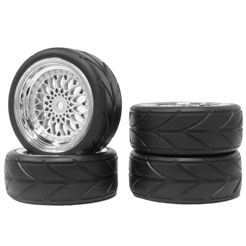 4PCS 64mm Rubber Tires and Plastic Wheel Rims Set 12mm Hex Replacement Part for Sakura Tamiya TT02 HPI HSP Kyosho 1/10 RC On Road Run-flating Touring Racing Car Tyre (Silver, Offset:3mm) - color: Silver, size: Offset:3mm