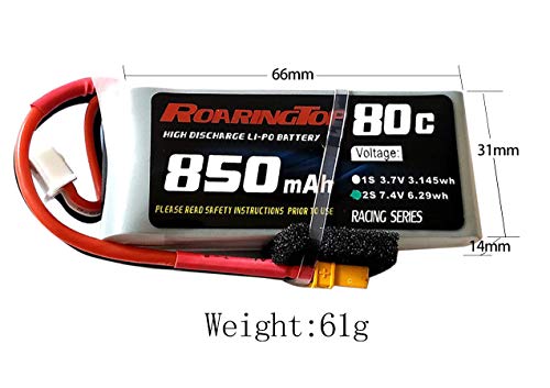 RoaringTop LiPo Battery Pack 80C 850mAh 2S 7.4V with XT30 Plug for RC Car Boat Truck Heli Airplane