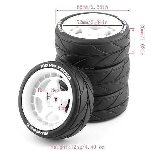 Lifehead 65mm On Road Rubber Tires& Wheels Rims 12mm Hex Hub for HPI Ken Block's Tamiya XV01 TT01 TT02B Kyosho FAZER MK2 Lc Racing PTG HSP RGT RC 3RACING D5 1/10 RC Rally Car - color: White 3