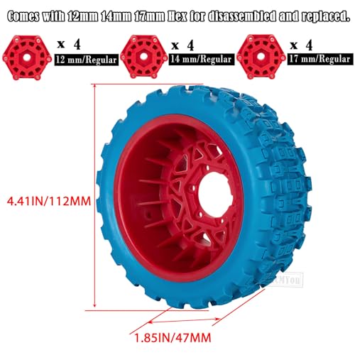 RC F/R Wheels and Tires Set w/Detachable Replace Running on Off-Road Tire RC Wheel Hex for 1/10 Slash 4WD 4×4 2WD/Arrm a Senton/Axia1/Rc 4wd/Redca t,12mm/14mm/17mm Hex,Red-Navy Blue（4PCS - color: Red-navy Blue(rc Wheels Tires)