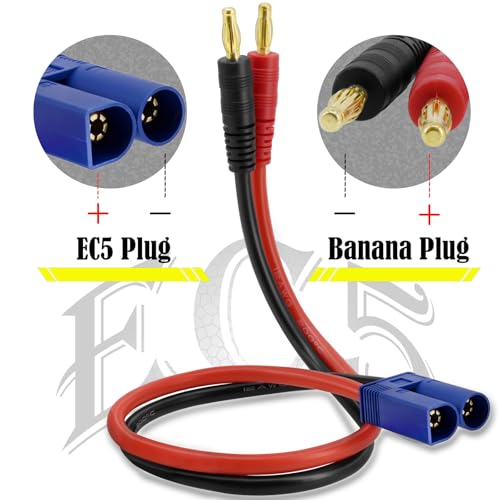 2 Pack Banana Plug Battery Charging Cord, 11.8 Inches EC5 Male Connector to Banana Male Plug Adapter, 12AWG EC5 Battery Charger Cable for RC Drone, Vehicle Toys