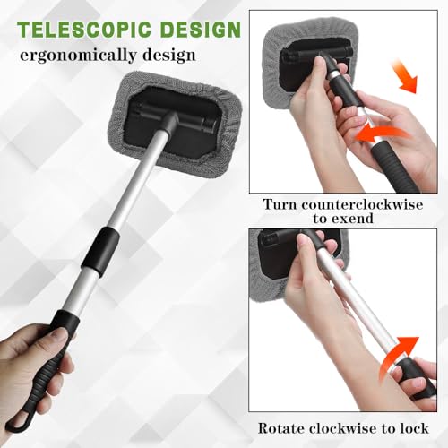 Windshield Cleaning Tool, Car Cleaning Window Tool, Car Window Cleaner with Unbreakable Extendable Handle and Microfiber Cloth, Scratch-Free Car Cleaning Brush for Auto Glass Wiper (Gray) - color: Gray