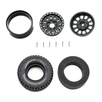 1.3” Brass Beadlock Wheels & All-Terrain Tires Set for 1/18 1/24 RC Crawler TRX4M, Axial SCX24 / AX24, Redcat Ascent-18, FMS FCX24, -5.40mm Offset, 7mm Hex, 4 pcs, Matte Black - color: Matte-black