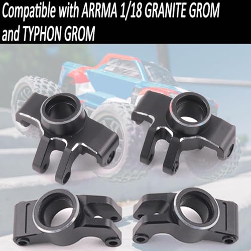 Front Knuckle Spindle + Rear Hub Set Aluminium Upgrade Parts for Arrma 1/18 Granite Grom Mega 380 Brushed 4X4 Monster Truck & Typhon Grom Mega 380 Brushed 4X4 Small Scale Buggy, Black (4PCS) - style: Front Steering Cup-Rear Hub- Black