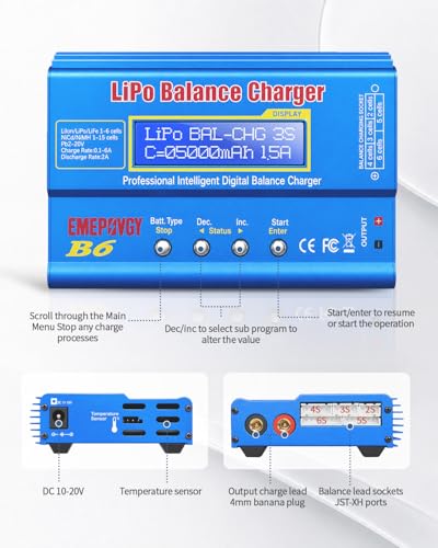 B6 Battery Balance Charger 2026 Upgraded 80W Discharger for NiMH/NiCd (1-15S) LiPo/Li-ion/Life Battery (1-6S) RC Hobby Batteries Balance Charger with AC Power Supply