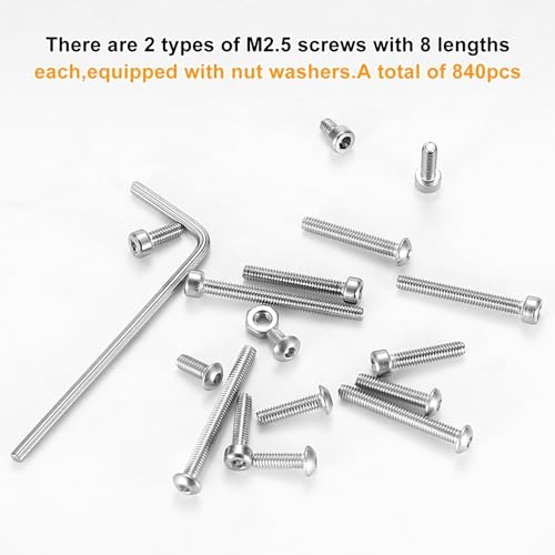 840 Pcs M2.5 Small Metric Screws with Nuts, Hex Socket Head Cap and Nut Assortment Kits, Stainless Steel Replacement Machine Fastener Screws and Bolts Nuts (M2.5 840 Silver) - color: M2.5 840 Silver
