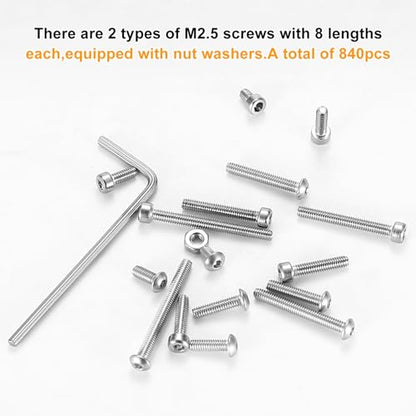840 Pcs M2.5 Small Metric Screws with Nuts, Hex Socket Head Cap and Nut Assortment Kits, Stainless Steel Replacement Machine Fastener Screws and Bolts Nuts (M2.5 840 Silver) - color: M2.5 840 Silver