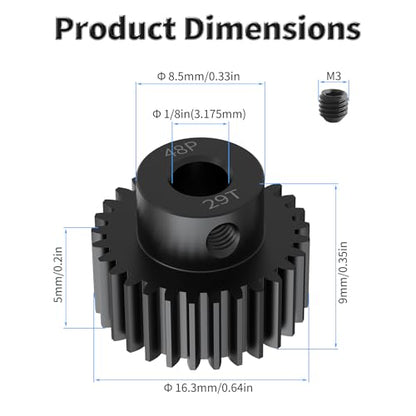 Pinion Motor Gear, 48P 29T, 1/8 in (3.175mm) Shaft Hole | 48 Pitch 29 Teeth, 1045 Hardened Carbon Steel, 1/8 Inch Shaft Hole, RC Motor Pinion Upgrade, for 1/10 RC Brushless Crawler - size: 48P 29T