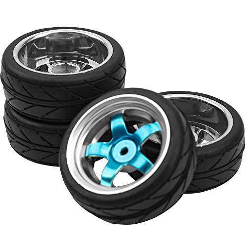 2.59in Rubber Tires & 12mm Hex Plastic Wheel Rims Set Compatible with Traxxas Kyosho HPI Tamiya Associated 1/10 RC On-Road Touring Car (Blue)
