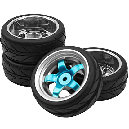 2.59in Rubber Tires & 12mm Hex Plastic Wheel Rims Set Compatible with Traxxas Kyosho HPI Tamiya Associated 1/10 RC On-Road Touring Car (Blue)