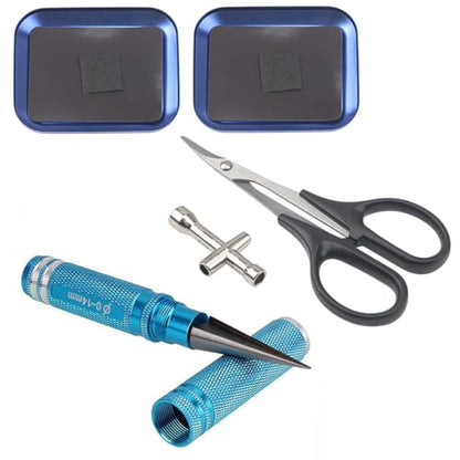 0-14mm RC Expanding Hole Puncher Opener Reamer Tool RC Body Shell Drills Tool & 2Pcs Aluminium Screw Tray with Magnetic Pad & 1Pcs RC Curved Body Trimming Scissors & 1Pcs Wheel Hub Cross Socket Spanne