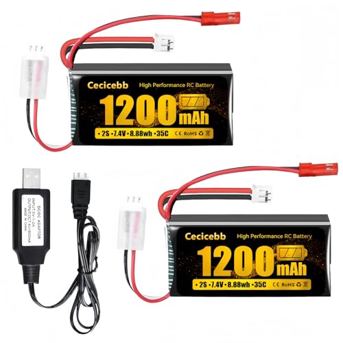 SCX24 Lipo Battery 7.4V 1200mAh Lipo Battery 2S 35C with PH2.0 & JST Plug for WLtoys A949 A959 A969 A979 K929 RC Truck and 1/10 1/16 1/18 1/24 RC Cars with USB Charger Cable