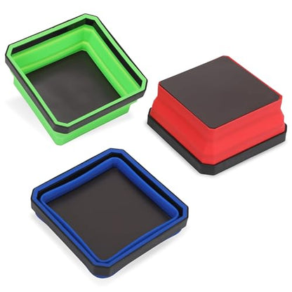 PR1ME Upgrade Collapsible Magnetic Parts Tray Set, 3 Pack, Foldable Magnetic Tool, 4.25 inch Square Silicone Bowls with Magnetic Base Stores and Organizes Small Parts and Tools - size: Upgrade Trays