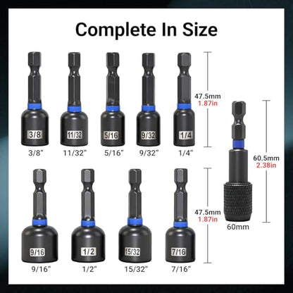 10-Piece Magnetic Nut Driver Set - SAE (1/4" to 9/16") Nut Driver Set with Bit Extension - Cr-V Magnetic Socket set, Slotting Tool Box - size: 10-Piece Magnetic Nut Driver Set