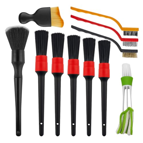 11PCS Car Detailing Brush Set, Soft Boar Hair and Steel Wire & Air Vent Dust Brush, Multipurpose Auto Detailing Cleaning Kit for Vent Leather Seat Wheel, Universal for Vehicles