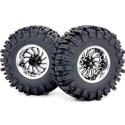 Adjustable Offset 2.2 Beadlock Wheels and Tires Set, 124mm Tall Mud Slingers 2.2 Tires and Wheels for RC Crawler Gen8 Everest 10 SCX10 Capra Upgrades,HS701584 - color: Silver & Black