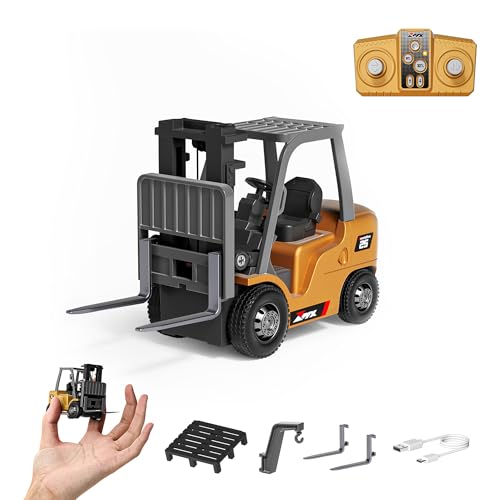 1/64 RC Forklift Toy 7 Channel 2 Mode Mini Remote Control Forklift Truck with Rechargeable Battery, 2 in 1 Transformable Lift Fork & Hook with Lights & Sounds for Adults Kids Boys and Girls - style: RC Forklift